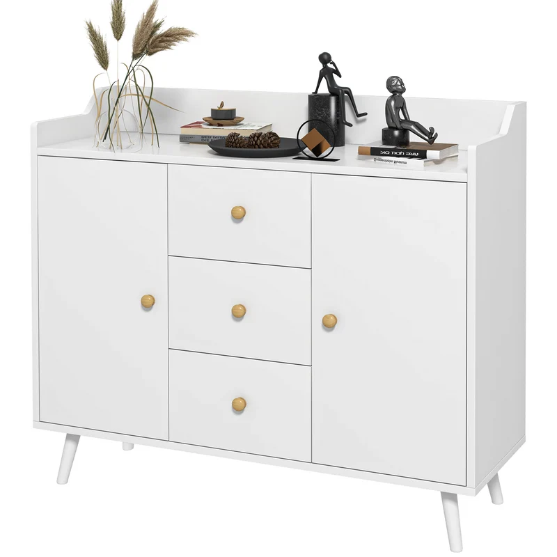 Buffet salon 90 x 32 x 80 cm plan de travail spacieux 2 portes 3 tiroirs style moderne en panneau de particules blanc 21_0002857