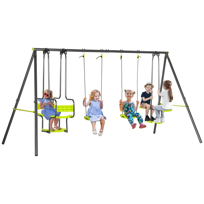 Balançoire portique 4 agrès jardin 355 x 184 x 186 cm ancrage au sol sécurité enfant 3-8 ans contemporain en acier vert 21_0000369