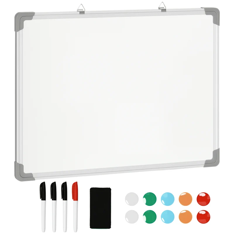 Tableau blanc magnétique mural 60 x 45 x 1.8 cm effaçable à sec aimanté bureau design épuré accessoires en acier blanc 21_0006095