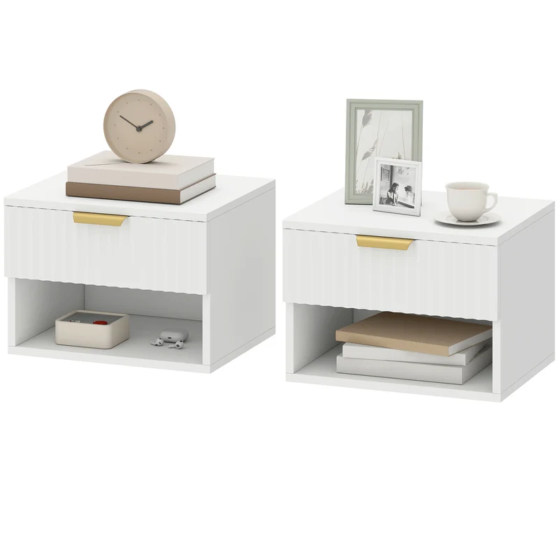 Lot de 2 tables de chevet suspendues 40 x 34 x 29 cm modernes avec tiroir cannelé et niche gain de place en MDF blanc 21_0003762