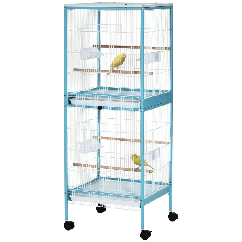 Grande cage à oiseaux double sur pied 51.5 x 50 x 140 cm plateau amovible roulettes contemporain en acier bleu clair 21_0007574