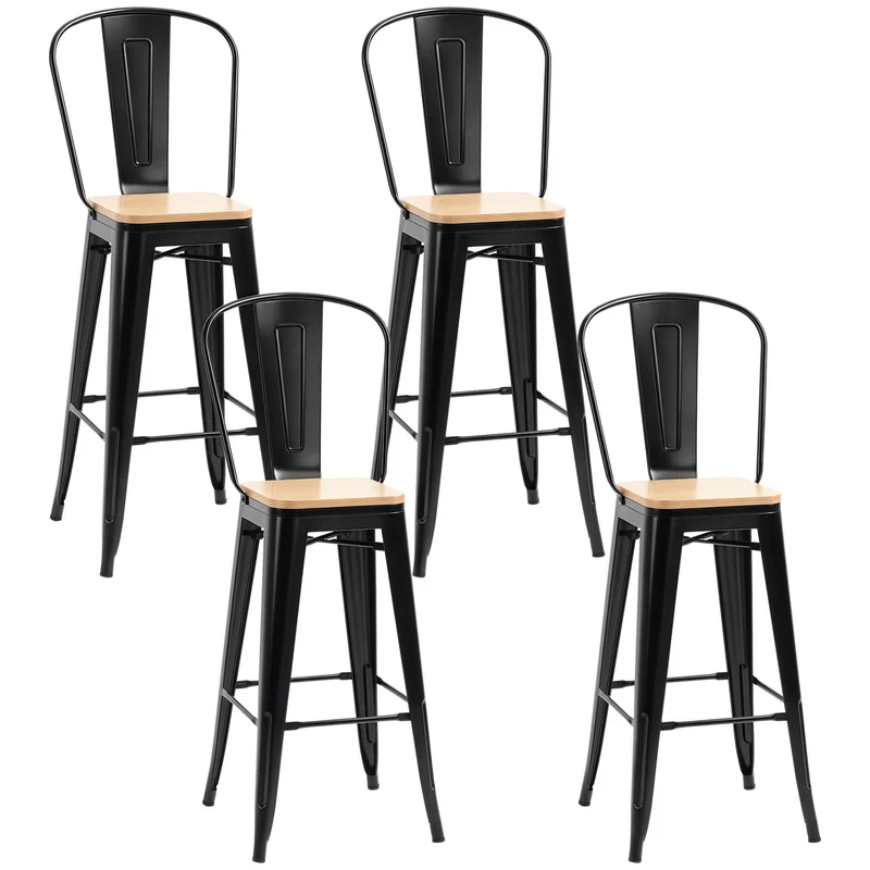 Lot de 4 tabourets de bar avec dossier repose-pied 45 x 44 x 118 cm confortable design industriel cosy en métal noir 21_0002206