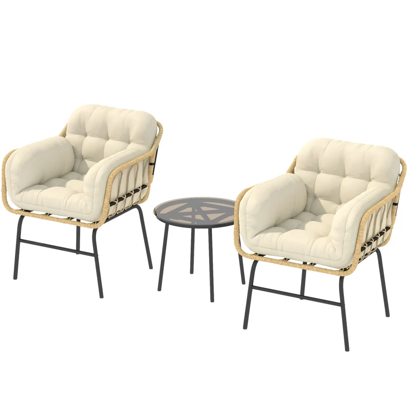 Lot de 3 salon de jardin bistro 62 x 73 x 79 cm confort coussins déhoussables design contemporain en résine tressée kaki 21_0006028