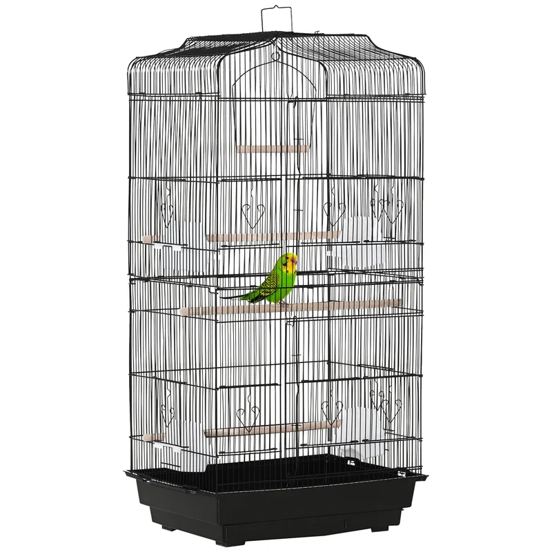 Cage volière pour oiseaux 46,5 x 35,5 x 92 cm avec mangeoires et perchoirs design moderne finition mate en métal noir 21_0007556