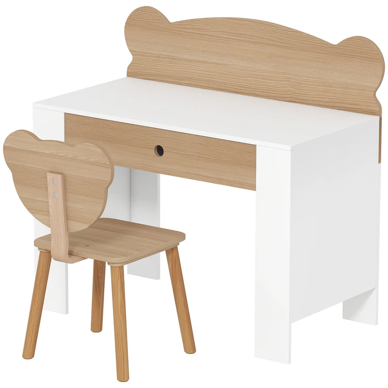 Bureau enfant table et siège 80 x 41 x 74.5 cm grand plateau tiroir rangement scandinave minimaliste en MDF bois naturel 21_0000225