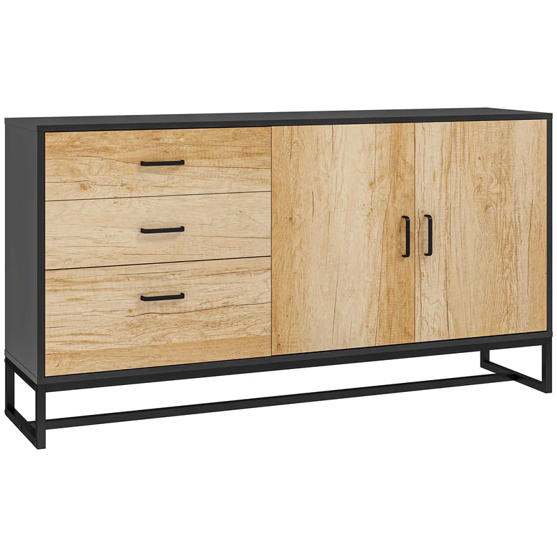 Buffet de rangement 140 x 35 x 75 cm 3 tiroirs étagère réglable pieds en acier moderne en panneau de particules naturel 21_0003450