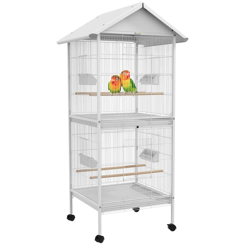Volière cage à oiseaux 78 x 75 x 168 cm sur roulettes plateau amovible entretien pratique design épuré en métal blanc 21_0007569