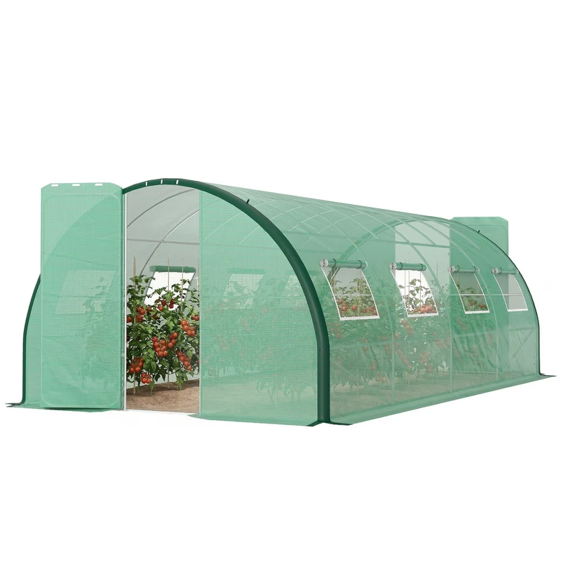 Serre tunnel de jardin 600 x 300 x 200 cm protection UV 2 portes 8 fenêtres ventilation moderne en acier galvanisé vert 21_0005421