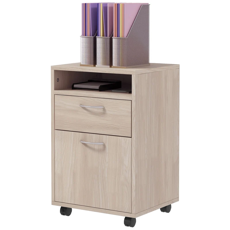 Caisson de bureau 40 x 35 x 60 cm tiroir coulissant et placard poignées épuré moderne en panneaux de particules chêne 21_0002383
