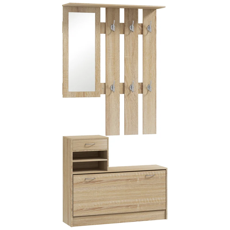 Vestiaire d'entrée 90 x 10 x 91 cm rangement optimisé patères miroir contemporain en panneaux de particules bois clair 21_0001410