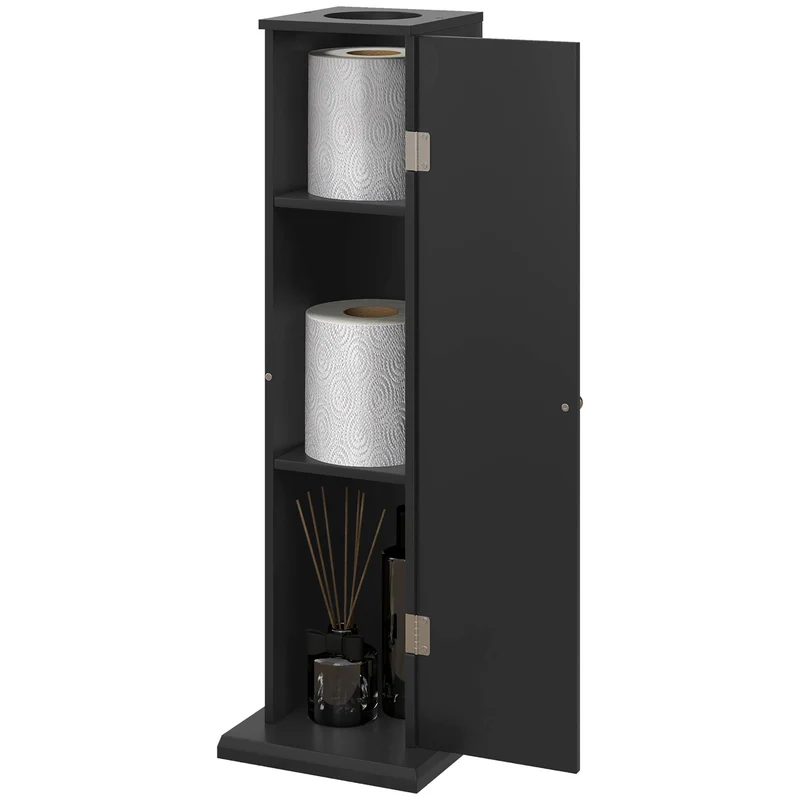 Meuble porte-papier toilette colonne compact 19,5 x 19,5 x 65 cm rangement 3 niveaux épuré contemporain en MDF noir 21_0001842