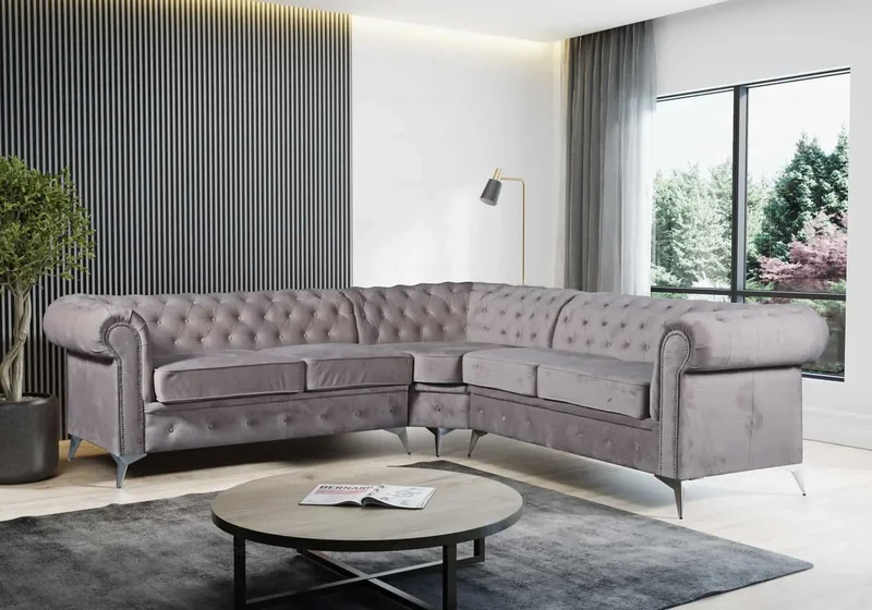 Canapé angle Chesterfield velours gris - Hugo