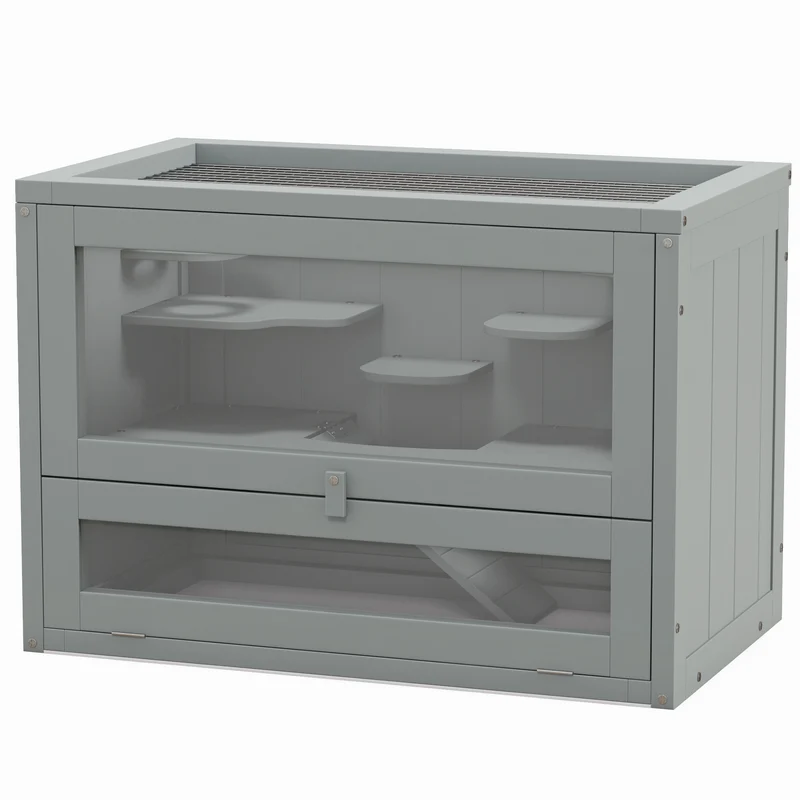 Cage pour hamsters souris à étages 60 x 35 x 42 cm avec rampe et plateformes toit ouvrant scandinave épuré en bois gris 21_0007857