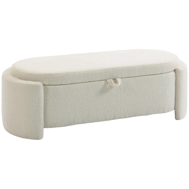 Banc de rangement ovale bout de lit 129 x 48,5 x 44 cm assise large rangement caché moderne scandinave en polaire crème 21_0002996