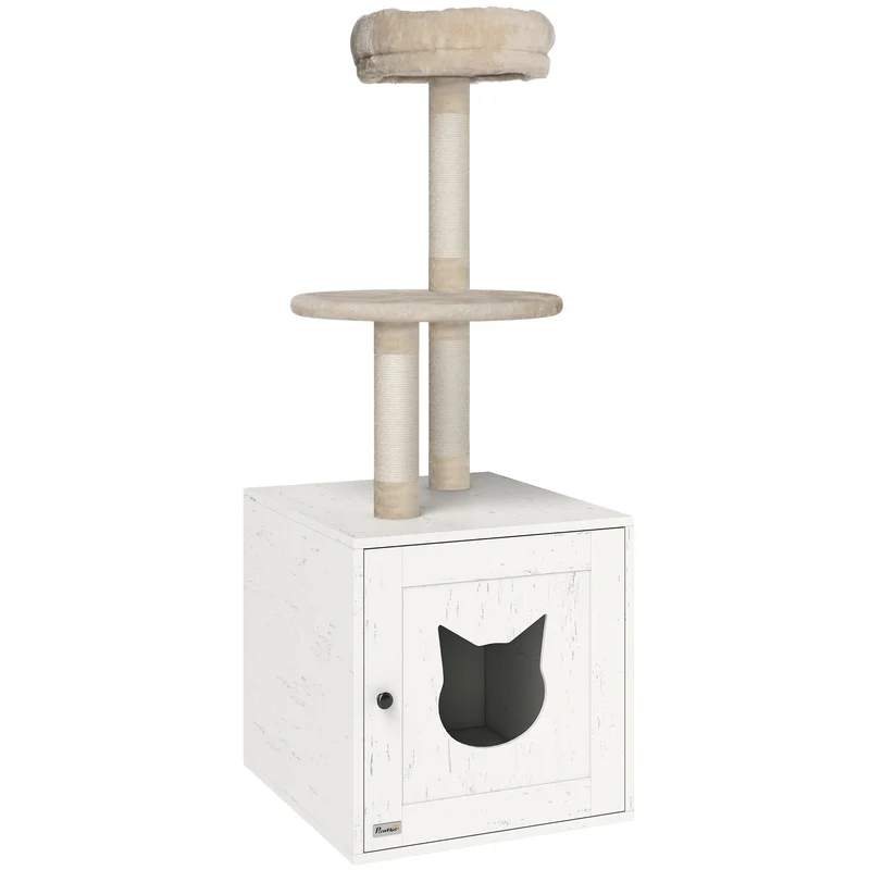 Meuble à litière pour chat avec arbre intégré compact 47 x 52 x 129 cm cache litière anti odeurs moderne en MDF crème 21_0007796