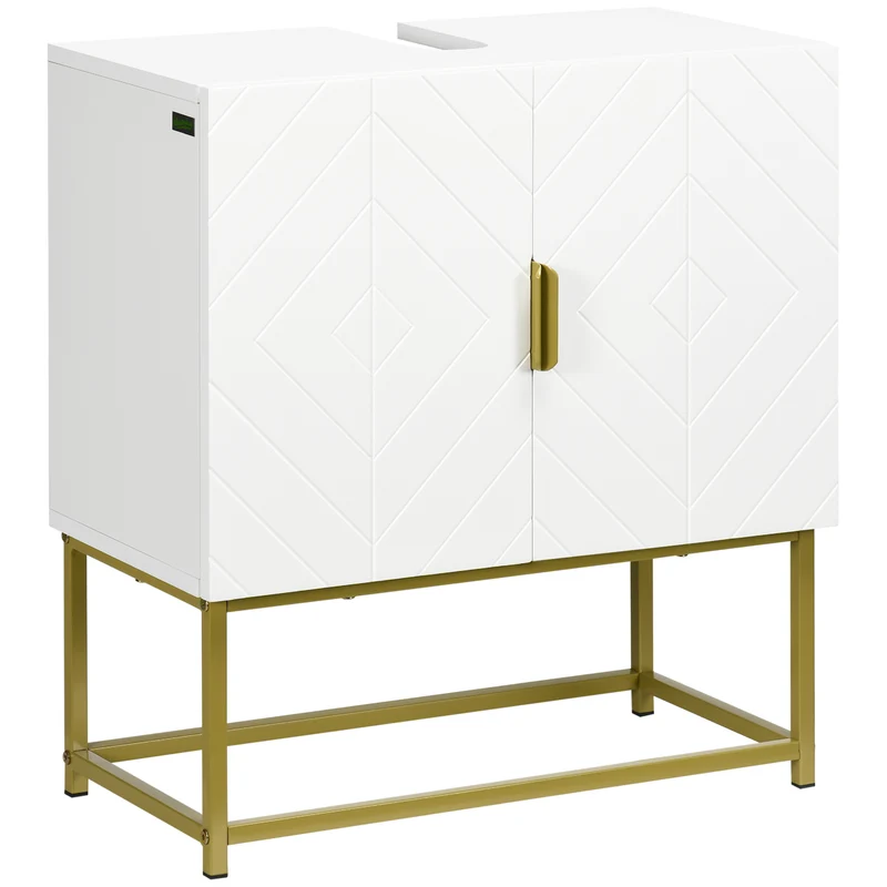 Meuble sous lavabo pour salle de bain 60 x 30 x 65 cm découpe en u rangement double porte moderne épuré en MDF blanc 21_0001942