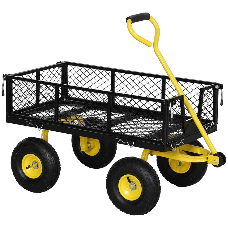 Chariot de jardin 4 roues 104 x 54 x 51 cm pneus 25 cm tout terrain panneaux latéraux amovibles design en acier noir 21_0005548