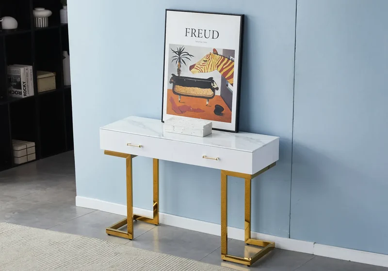 Console coiffeuse dorée marbre beige - Lena