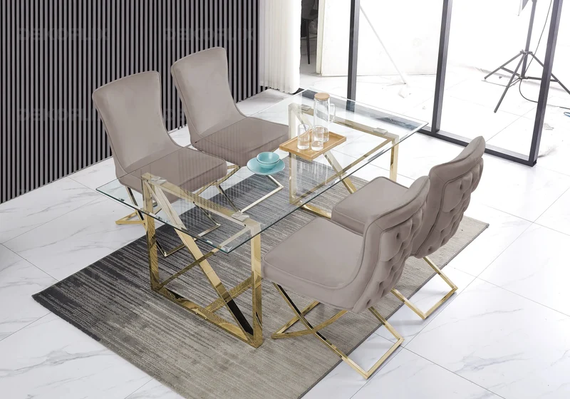 Table verre et 4 chaises velours taupe dorée - Enzo
