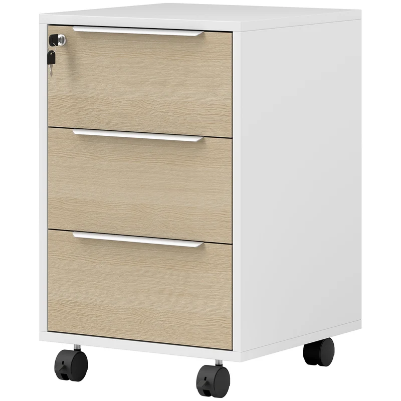 Caisson de bureau à roulettes 40 x 40 x 63.5 cm 3 tiroirs serrure contemporain épuré idéal pour bureau en MDF blanc 21_0002455