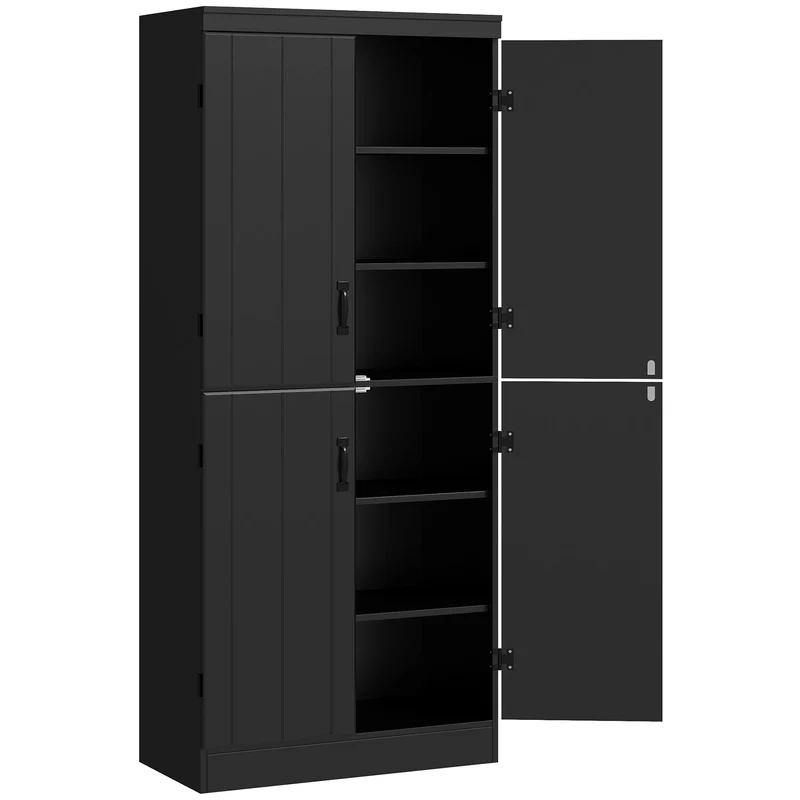 Buffet haut de cuisine rangement 76 x 40 x 176,7 cm gain de place 6 étagères réglables style contemporain en MDF noir 21_0002831