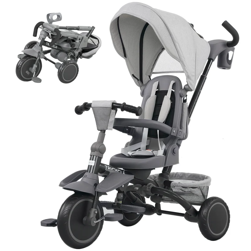 Tricycle évolutif 6 en 1 poussette 111.5 x 52 x 98 cm siège pivotant 360° pliable compact moderne épuré en acier gris 21_0000630