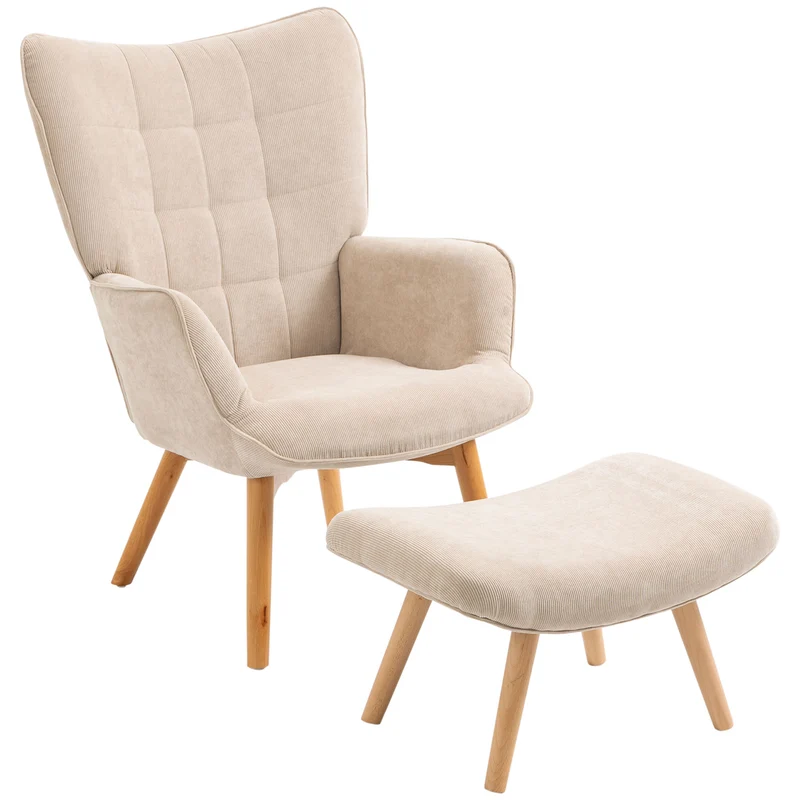 Fauteuil avec repose-pied dossier haut 72 x 80 x 101 cm assise moelleuse ergonomique scandinave salon en polyester beige 21_0003082