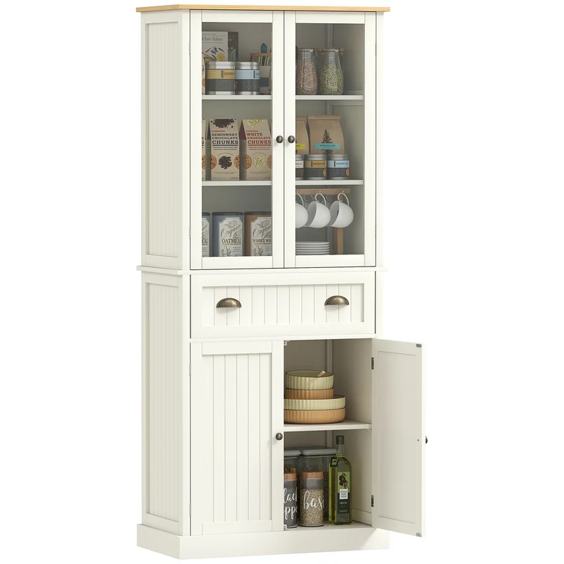 Buffet vaisselier de cuisine vitrine 76 x 40 x 182,5 cm tiroir étagères réglables moderne contemporain en MDF crème 21_0002266