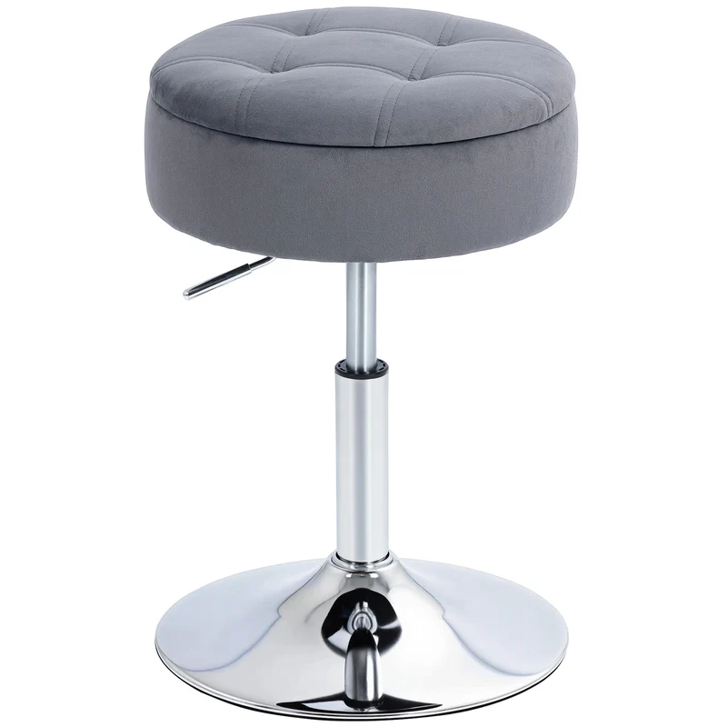 Tabouret de coiffeuse pivotant hauteur réglable 39 x 39 x 49-65 cm rangement caché capitonné moderne en velours gris 21_0003363