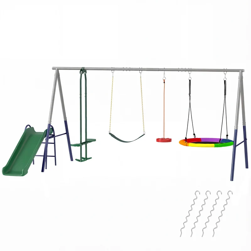 Portique balançoire enfants 5 en 1 jardin 382 x 196 x 203 cm réglable sécurité antirouille scandinave en acier rouge 21_0000387