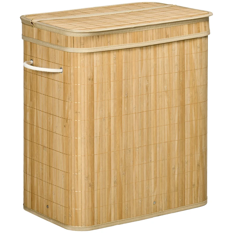 Panier à linge pour salle de bains 54,2 x 35,2 x 59,5 cm 2 sections sac amovible scandinave épuré en bambou naturel 21_0005834