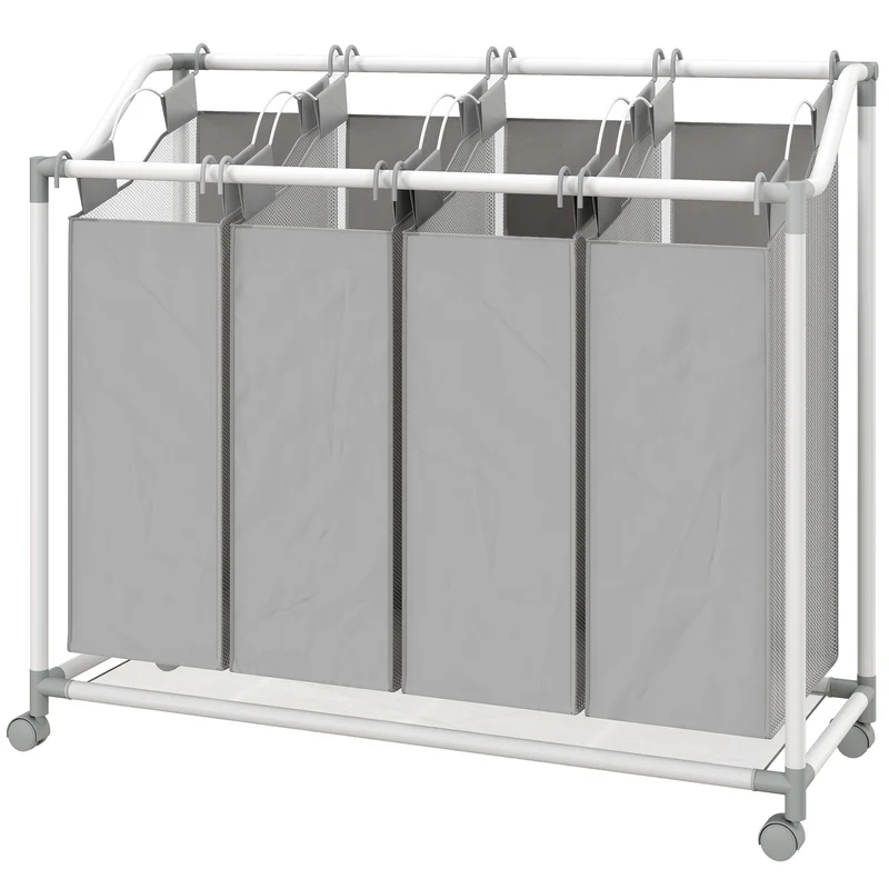 Panier à linge mobile buanderie 97 x 38 x 81 cm tri 4 sacs amovibles roulettes freinables moderne épuré en métal gris 21_0005888