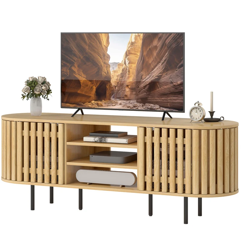 Meuble télévision scandinave plateau ovale 140 x 40 x 52 cm rangement ventilé 3 étagères 2 placards en MDF bois naturel 21_0003567