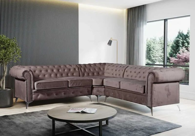Canapé angle Chesterfield velours moka - Hugo