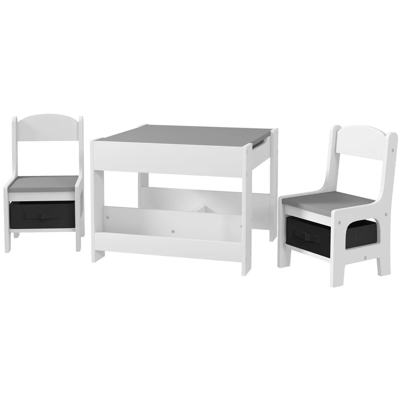 Ensemble table et 2 chaises pour enfant 61.5 x 61.5 x 48 cm plateau réversible rangement compact scandinave en MDF gris 21_0000206