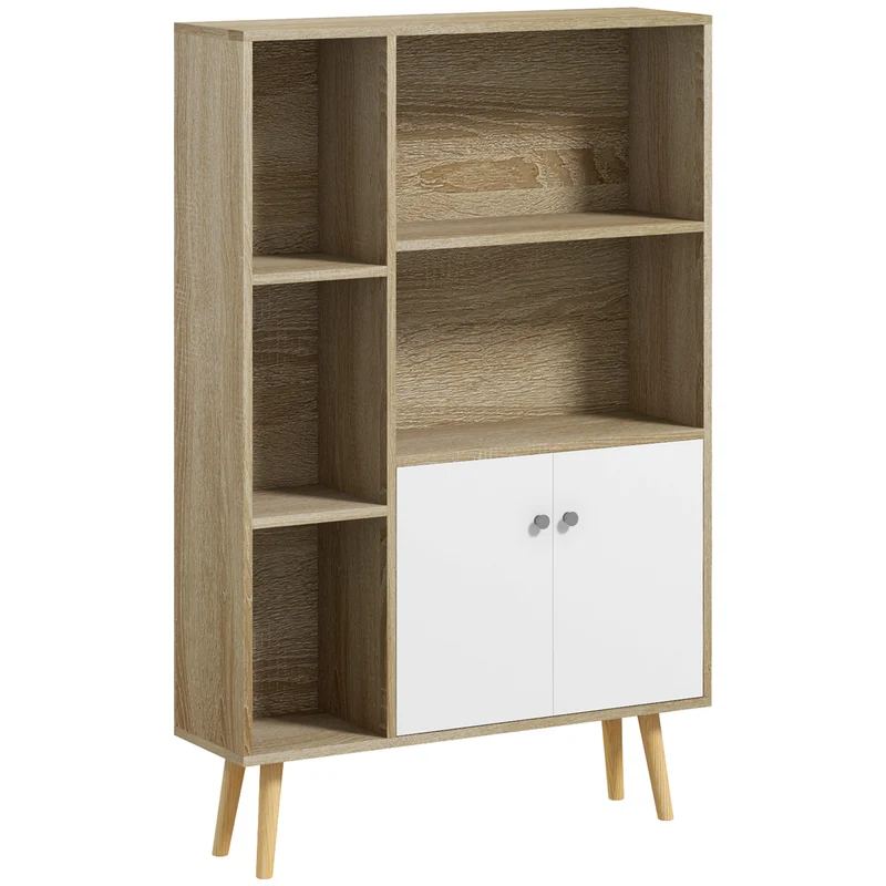 Bibliothèque étagère 80 x 23,5 x 123 cm 5 niches 1 placard pieds effilés inclinés scandinave pratique en bois chêne 21_0002410