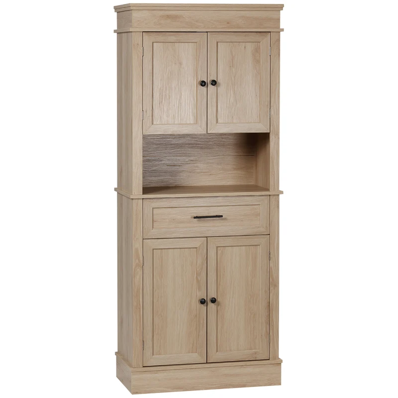 Armoire buffet cuisine 74 x 39,5 x 183 cm étagères réglables tiroir niche compacte style classique en MDF chêne clair 21_0002193