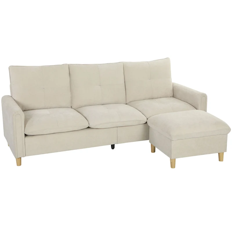 Canapé 3 places d'angle modulable salon 210 x 77 x 80 cm pouf de rangement assise large contemporain en tissu crème 21_0003649
