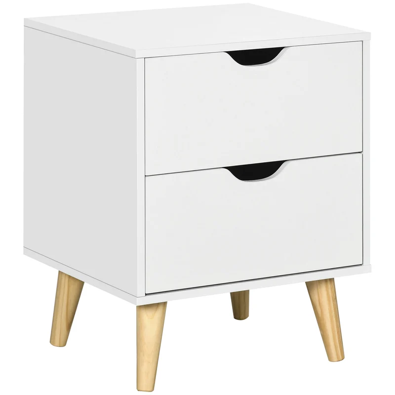 Table de chevet scandinave compacte 40 x 35 x 50,5 cm 2 tiroirs rangement pratique pieds compas minimaliste en MDF blanc 21_0001525