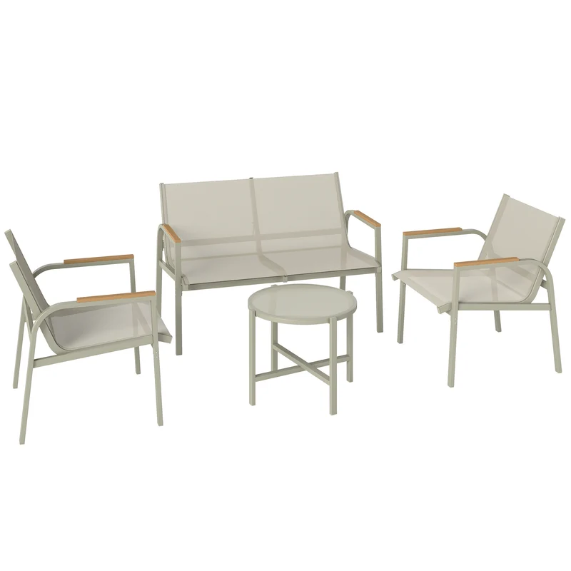 Salon de jardin 4 pièces 112.5 x 68 x 74 cm assise respirante modulable design moderne plateau verre en textilène vert 21_0005715