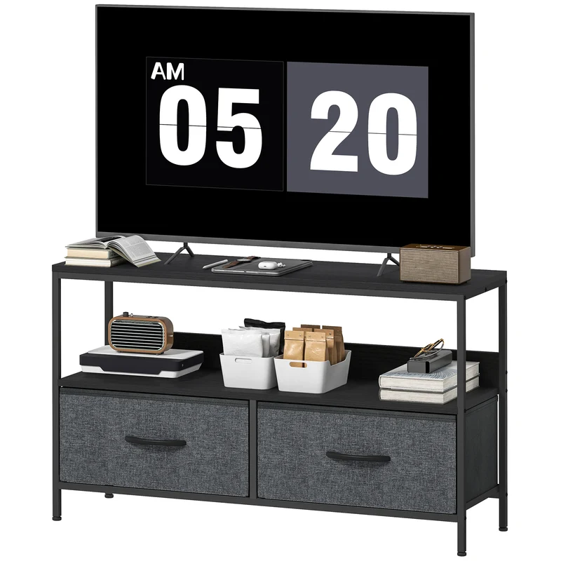 Meuble télé bas sur pieds 98 x 29 x 56 cm rangement 2 tiroirs et étagère style industriel contemporain en MDF gris foncé 21_0003023