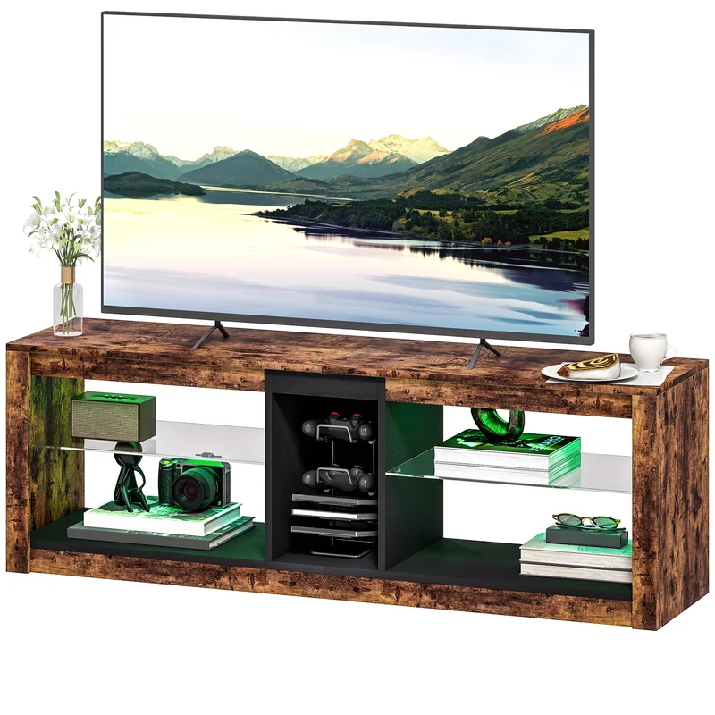 Meuble tv pour salon 140 x 35 x 47 cm éclairage led réglable pratique moderne contemporain en panneau de particules brun 21_0003461