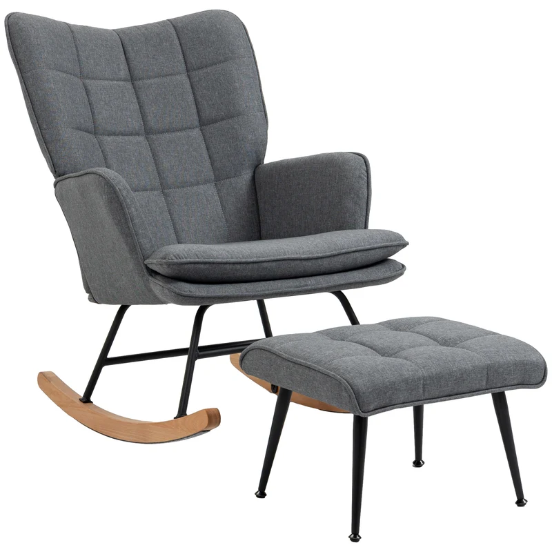 Fauteuil à bascule salon 64 x 89 x 90 cm assise large rembourrée repose pieds rembourré scandinave en polyester gris 21_0003155