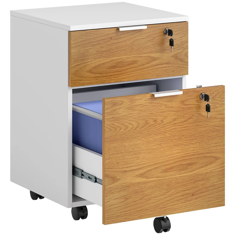 Caisson de bureau 42 x 40 x 60 cm verrouillable 2 tiroirs dossiers suspendus moderne en panneau de particules blanc 21_0006395