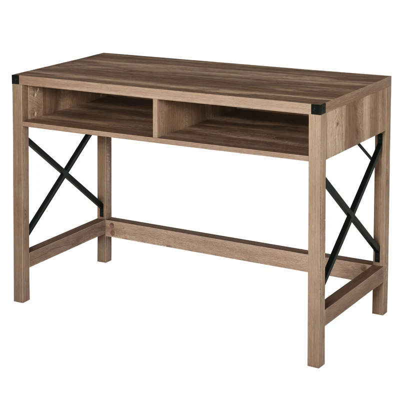 Bureau grand plateau 110 x 48 x 76 cm 2 niches rangement robuste style industriel épuré en panneaux de particules marron 21_0002439