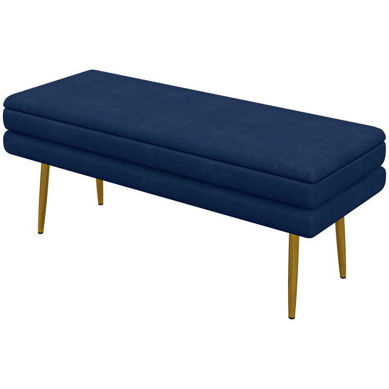 Banquette coffre de rangement 100 x 37,5 x 42 cm assise velours grand rangement style classique chic en polyester bleu 21_0002928