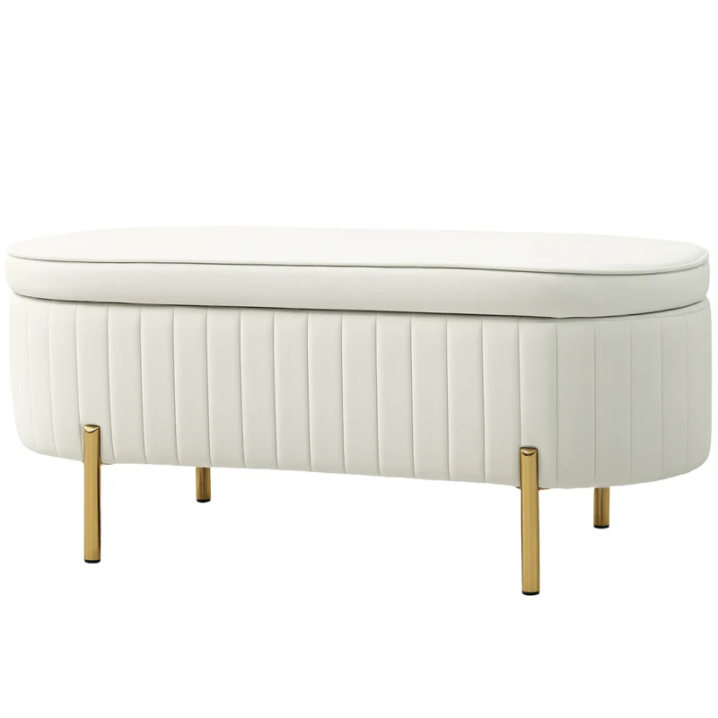Banc de rangement ovale bout de lit 108 x 44 x 43,5 cm rangement 72 l capitonné style contemporain en velours crème 21_0001654
