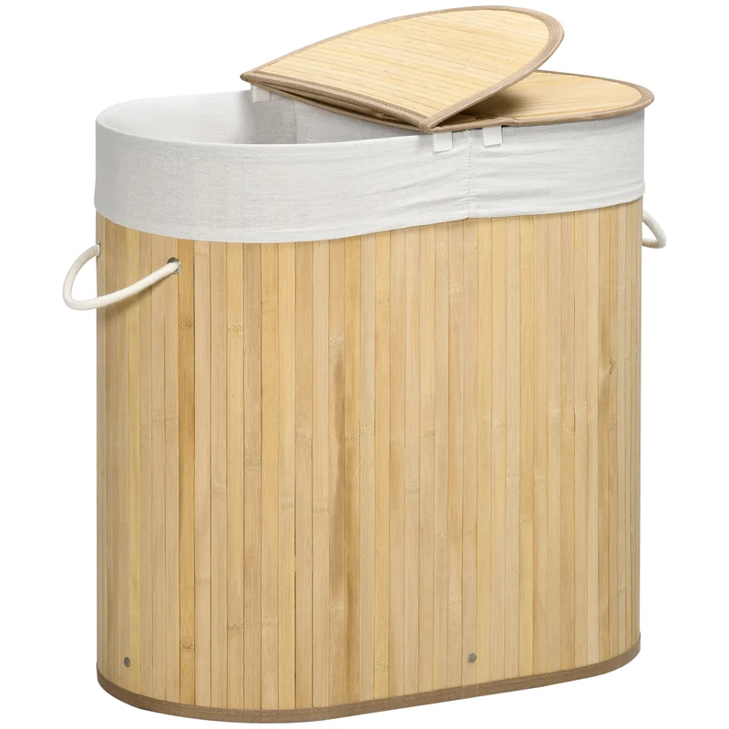 Panier à linge 62.5 x 37 x 60.5 cm 2 sections sac amovible style scandinave moderne ambiance cosy en bambou naturel 21_0005832