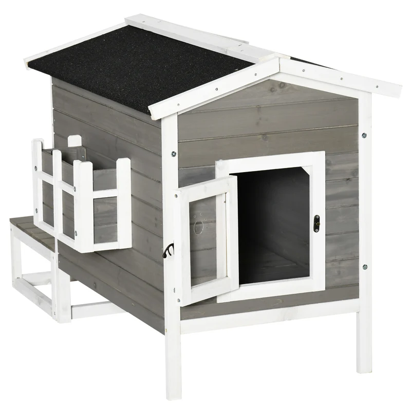 Maisonnette pour chats extérieure jardin 115 x 66.5 x 74.7 cm base surélevée toit étanche scandinave cosy en bois gris 21_0007625