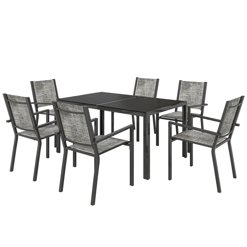 Lot de 7 ensemble de jardin tout temps rectangulaire 150 x 90 x 71 cm chaises empilables contemporain en acier noir 21_0005337